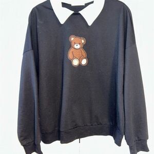 ROMWE Women's Black Sweatshirt M Bear Embroidery Contrast Collar Cozy